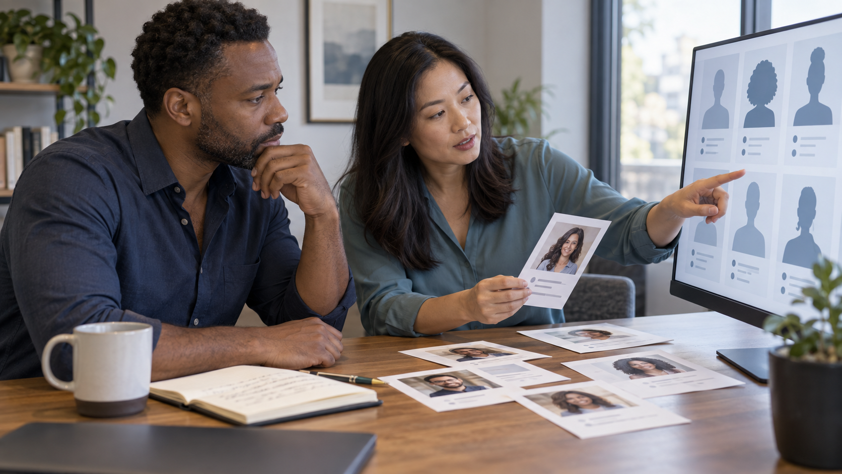 Two business leaders comparing simulated customer profiles on a monitor with printed customer interview cards.