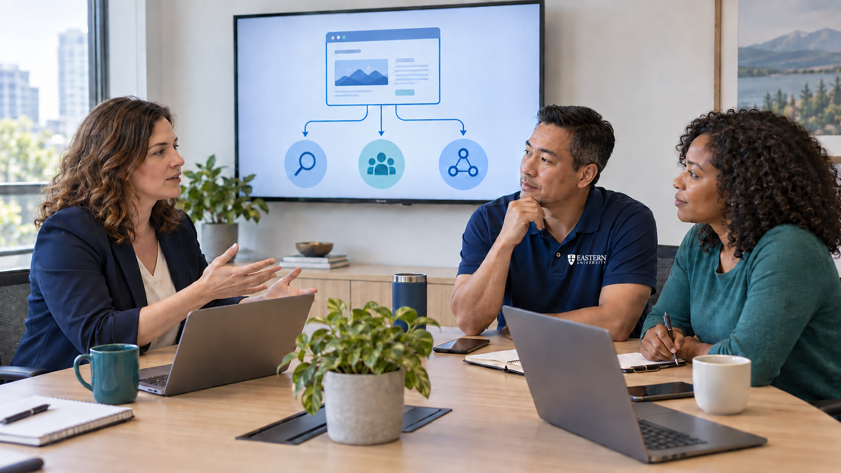 Three business colleagues discussing a website content map; the man wears a navy polo with the Eastern University shield and wordmark.